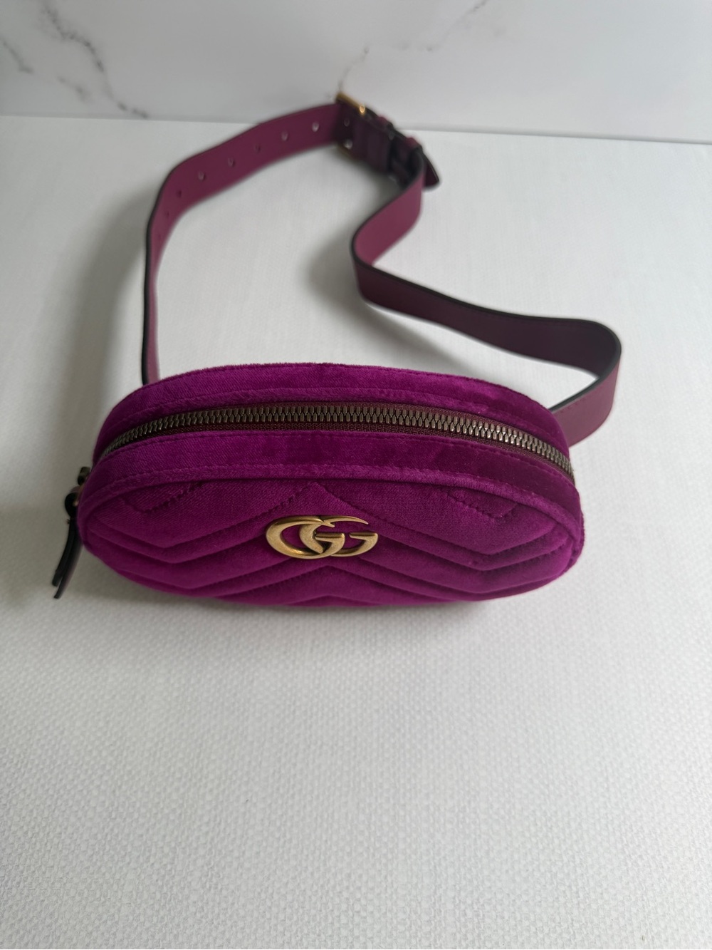 Gucci Fuchsia Velvet Small Crossbody Belt Bag with Gold Hardware
